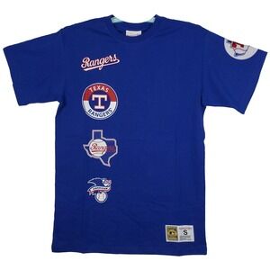 Texas Rangers Mitchell & Ness MLB Small‎ Shirt Multi-Logo Sleeve Patch Blue NWT